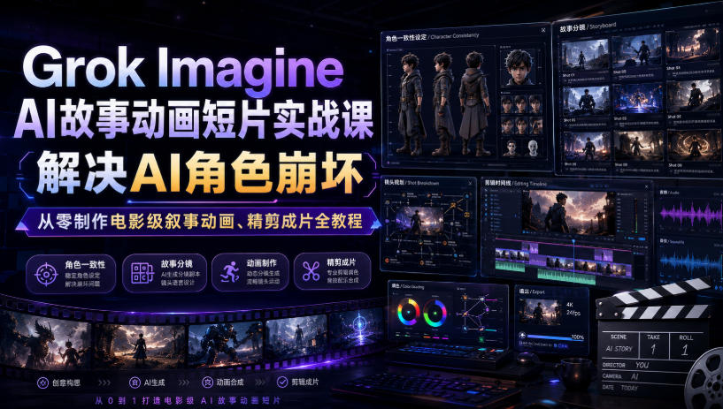 Grok Imagine AI故事动画短片实战课｜解决AI角色崩坏，从零制作电影级叙事动画、精剪成片全教程（中英字幕）-知创网