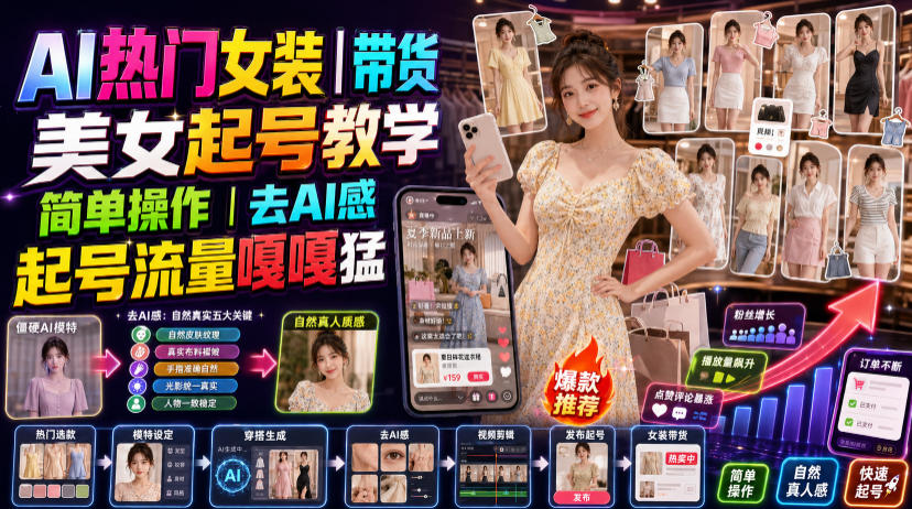 AI热门女装带货丨美女起号教学，简单操作，去AI感，起号流量嘎嘎猛-知创网