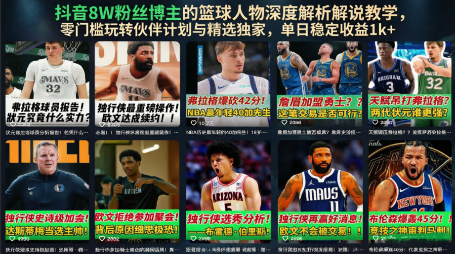 抖音8W粉丝博主的篮球人物深度解析解说教学，零门槛玩转伙伴计划与精选独家，单日稳定收益1k+-知创网