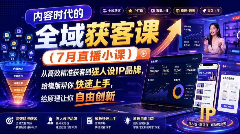 内容时代的全域获客课（7月直播小课），从高效精准获客到强人设IP品牌，给模版帮你快速上手，给原理让你自由创新-知创网