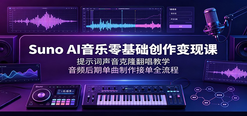 Suno AI音乐零基础创作变现课:提示词声音克隆翻唱教学,音频后期单曲制作接单全流程-知创网