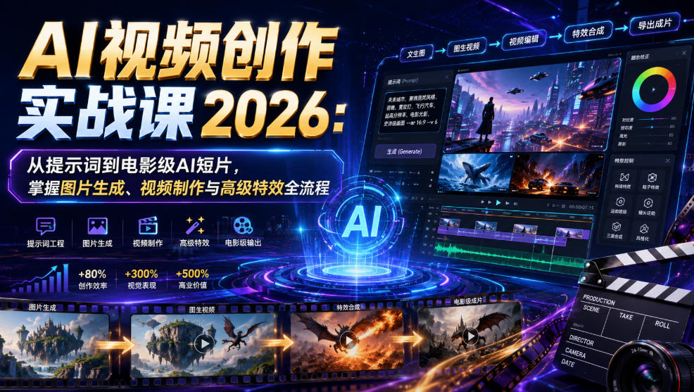 AI视频创作实战课2026：从提示词到电影级AI短片，掌握图片生成、视频制作与高级特效全流程-知创网