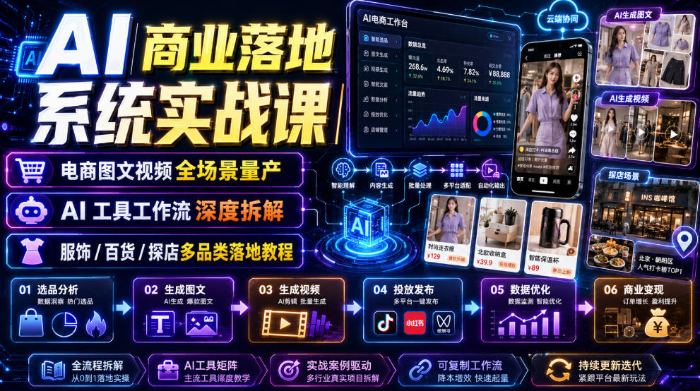 AI商业落地系统实战课｜电商图文视频全场景量产・AI工具工作流深度拆解・服饰/百货/探店多品类落地教程-知创网