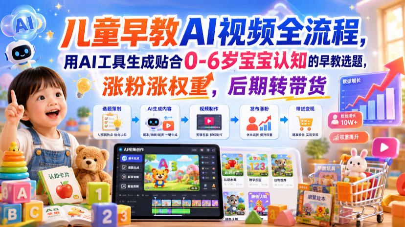 儿童早教AI视频全流程，用AI工具生成贴合0-6岁宝宝认知的早教选题，涨粉涨权重，后期转带货-知创网