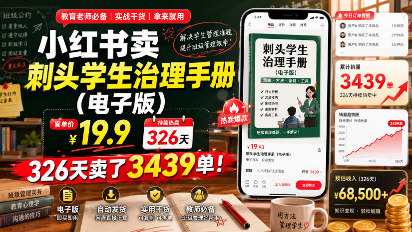小红书卖刺头学生治理手册（电子版），客单价19.9，326天卖了3439单！-知创网