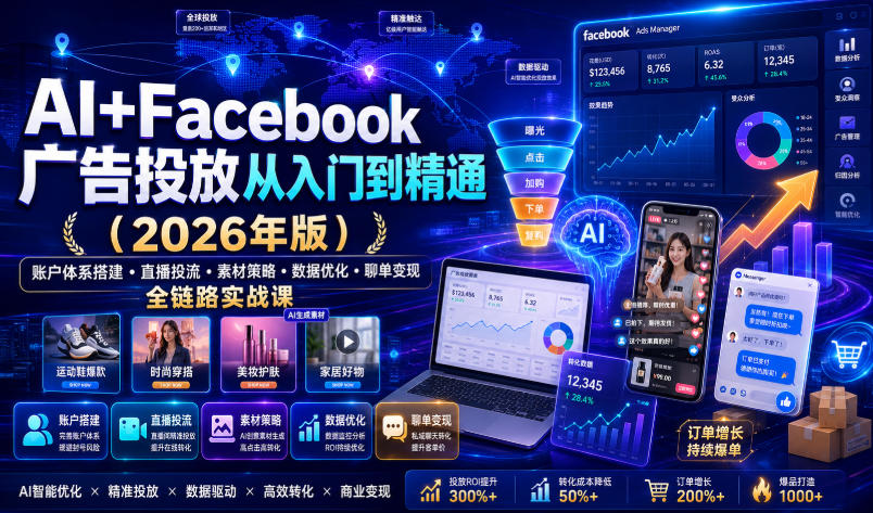 AI+Facebook广告投放从入门到精通（2026年版）｜账户体系搭建・直播投流・素材策略・数据优化・聊单变现全链路实战课-知创网