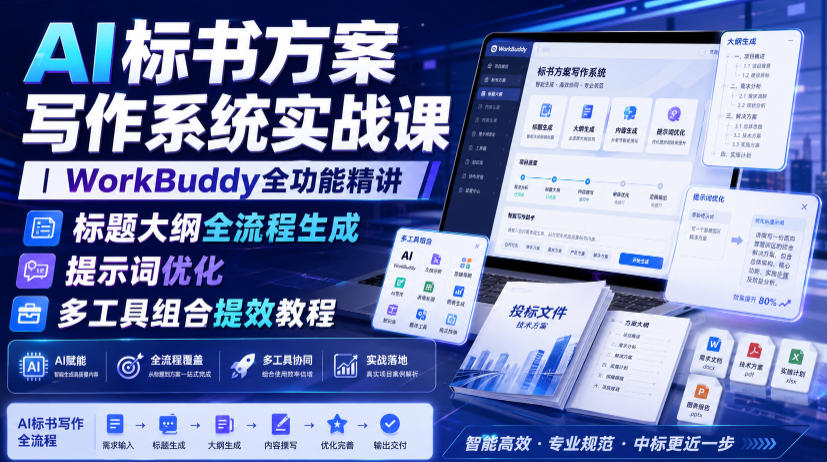 AI标书方案写作系统实战课｜WorkBuddy全功能精讲・标题大纲全流程生成・提示词优化・多工具组合提效教程-知创网