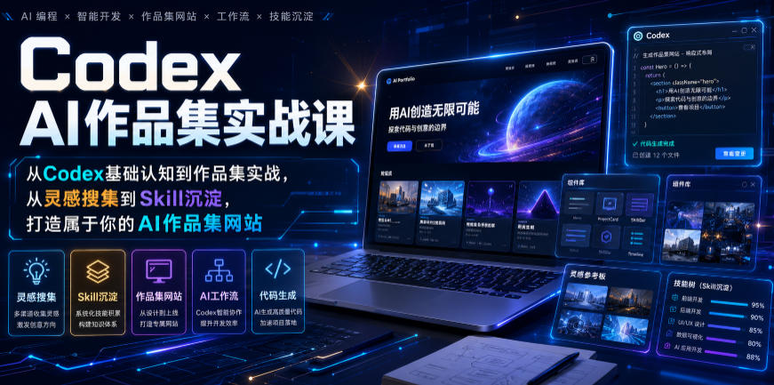 Codex AI作品集实战课，从Codex基础认知到作品集实战，从灵感搜集到Skill沉淀，打造属于你的AI作品集网站-知创网