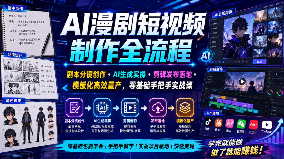 AI漫剧短视频制作全流程|剧本分镜创作・AI生成实操・剪辑发布落地・模板化高效量产,零基础手把手实战课-知创网