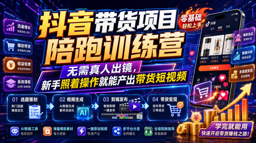 抖音带货项目陪跑训练营,无需真人出镜,新手照着操作就能产出带货短视频-知创网