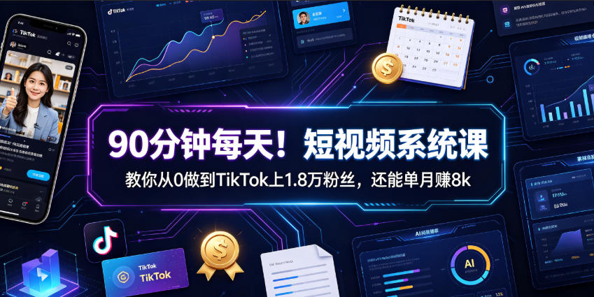 90分钟每天！短视频系统课教你从0做到TikTok上1.8万粉丝，还能单月賺8k【原创双语字幕】-知创网