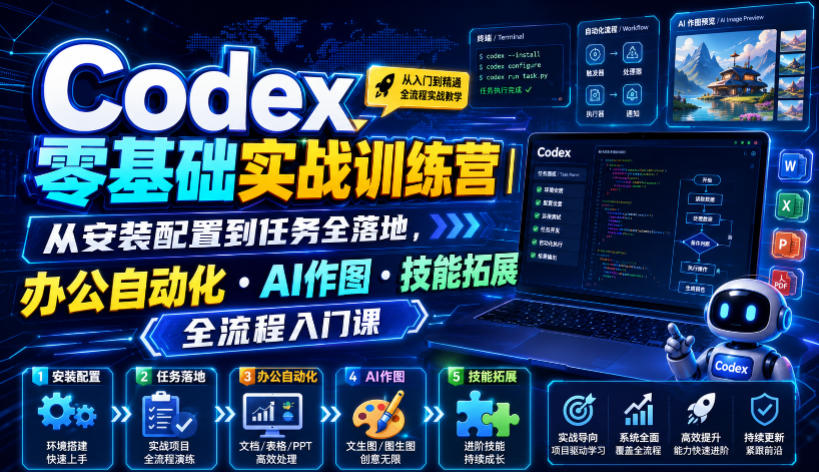 Codex零基础实战训练营｜从安装配置到任务全落地，办公自动化・AI作图・技能拓展全流程入门课-知创网
