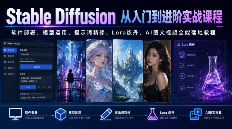 Stable Diffusion从入门到进阶实战课程｜软件部署、模型运用、提示词精修、Lora炼丹、AI图文视频全能落地教程-知创网
