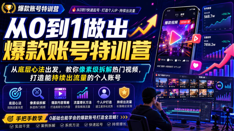 从0到1做出爆款账号特训营，从底层心法出发，教你像素级拆解热门视频，打造能持续出流量的个人账号-知创网