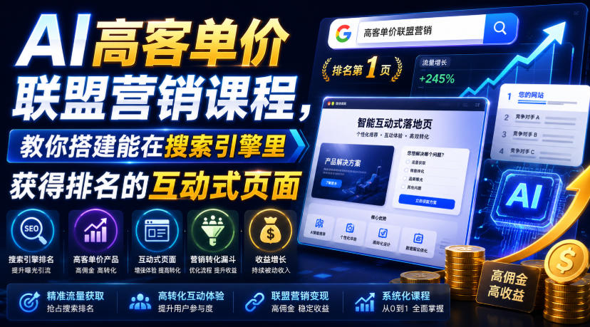 AI高客单价联盟营销课程,教你搭建能在搜索引擎里获得排名的互动式页面,引来流量,把访客转化为高佣金的成交【原创双语字幕】-知创网