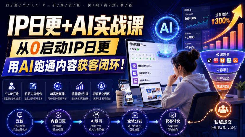 IP日更+AI实战课，从0启动IP日更，IP置顶视频制作+100条选题库搭建+10条日更规划，用AI跑通内容获客闭环!-知创网