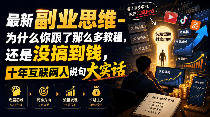 最新副业思维-为什么你跟了那么多教程,还是没搞到钱,十年互联网人说句大实话【揭秘】-知创网