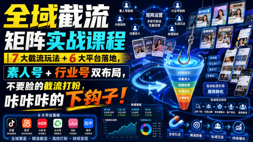 全域截流矩阵实战课程|7大截流玩法+6大平台落地,素人号+行业号双布局,不要脸的截流打粉,咔咔咔的下钩子!-知创网