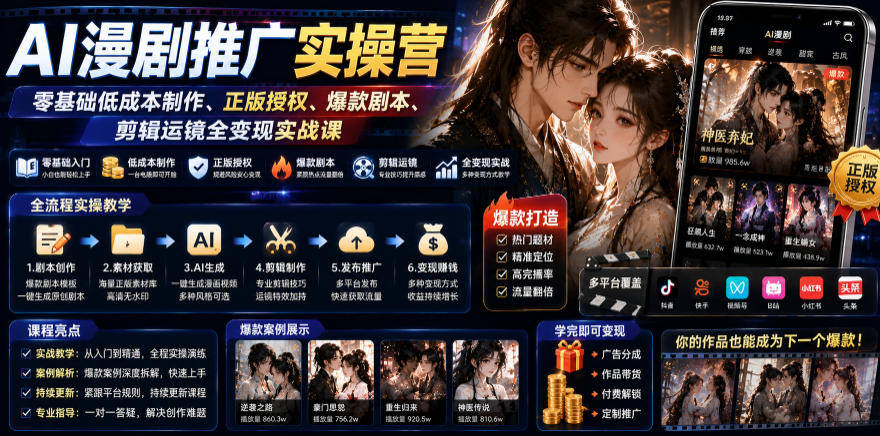 AI漫剧推广实操营｜零基础低成本制作、正版授权、爆款剧本、剪辑运镜全变现实战课-知创网