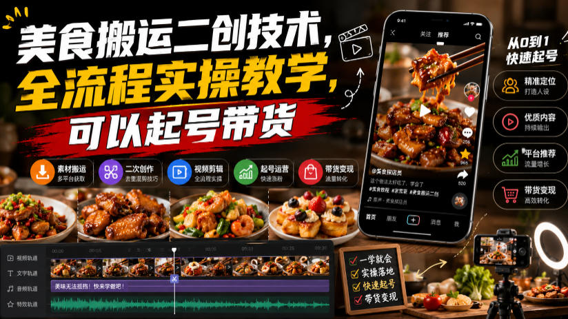 美食搬运二创技术,全流程实操教学,可以起号带货-知创网