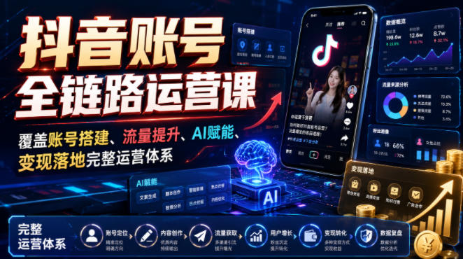 抖音账号全链路运营课，覆盖账号搭建、流量提升、AI赋能、变现落地完整运营体系-知创网
