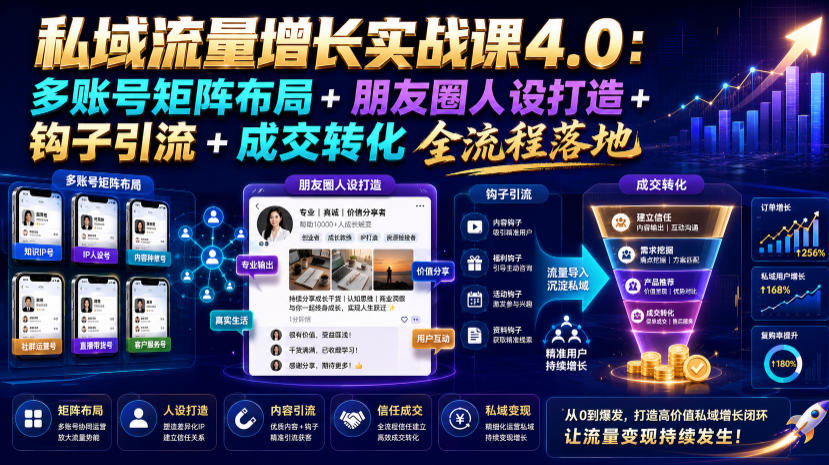私域流量增长实战课4.0：多账号矩阵布局+朋友圈人设打造+钩子引流+成交转化全流程落地-知创网