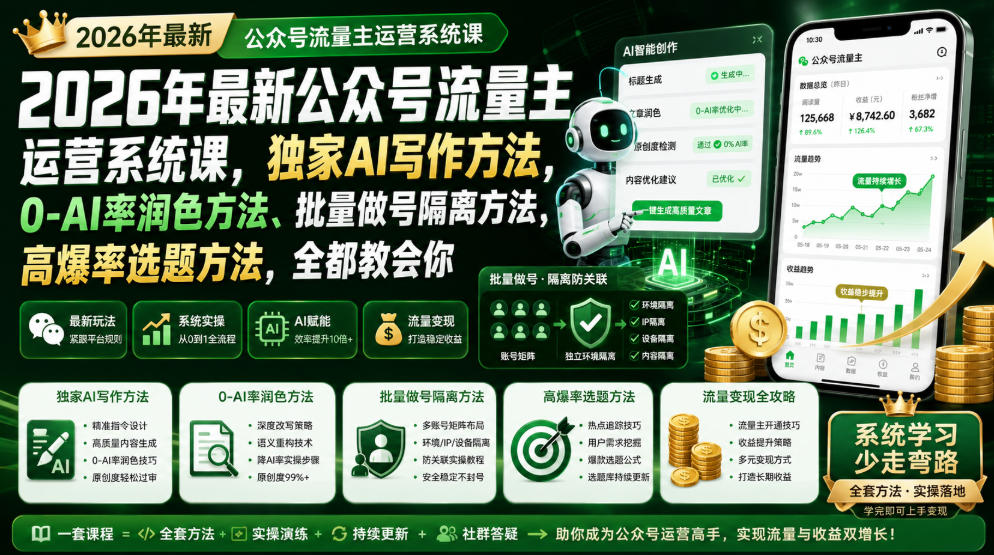 2026年最新公众号流量主运营系统课,独家AI写作方法,0-AI率润色方法、批量做号隔离方法、高爆率选题方法,全都教会你-知创网