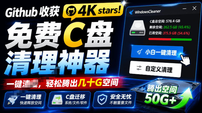 Github收获4K stars！免费C盘清理神器，轻松腾出几十G空间，支持C盘迁移Windows Cleaner-知创网