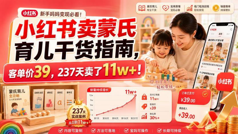 小红书卖蒙氏育儿干货指南,客单价39,237天卖了11w+!-知创网