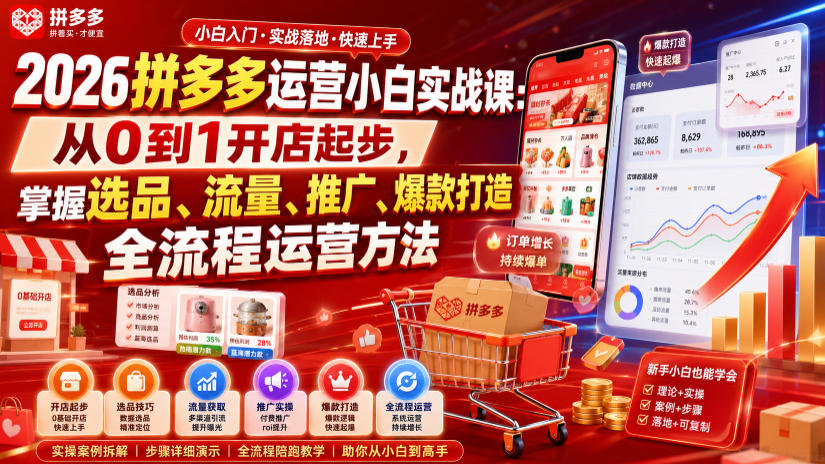 2026拼多多运营小白实战课：从0到1开店起步，掌握选品、流量、推广、爆款打造全流程运营方法-知创网