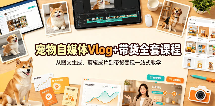 宠物自媒体Vlog+带货全套课程｜从图文生成、剪辑成片到带货变现一站式教学-知创网