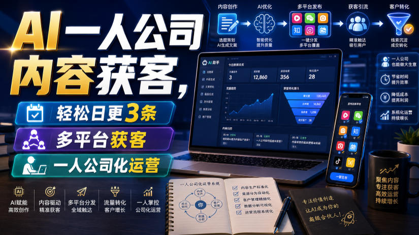 AI一人公司内容获客,轻松日更3条,多平台获客,一人公司化运营-知创网