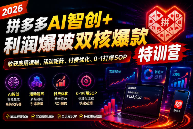 2026拼多多AI智创+利润爆破双核爆款特训营,收获底层逻辑、活动矩阵、付费优化、0-1打爆SOP-知创网