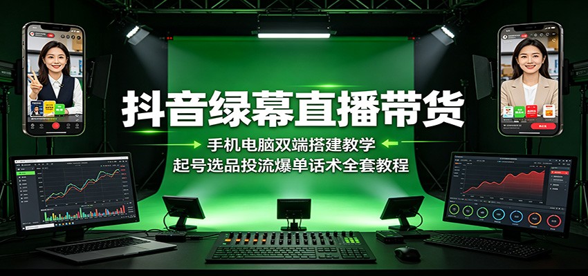 抖音绿幕直播带货:手机电脑双端搭建教学,起号选品投流爆单话术全套教程-知创网