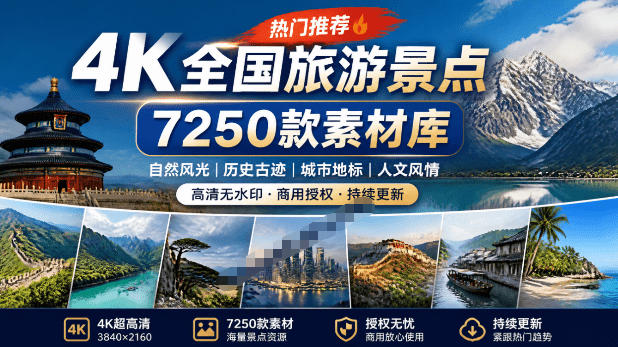 热门全国旅游风景素材！4K全国旅游景点素材库，7250款素材，旅行达人城市航拍风景风光高清短视频-知创网