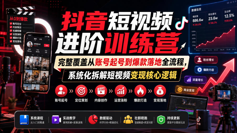 抖音短视频进阶训练营，完整覆盖从账号起号到爆款落地全流程，系统化拆解短视频变现核心逻辑-知创网