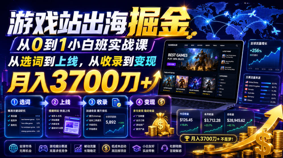 游戏站出海掘金从0到1小白实战课，从选词到上线，从收录到变现，月入3700刀+-知创网