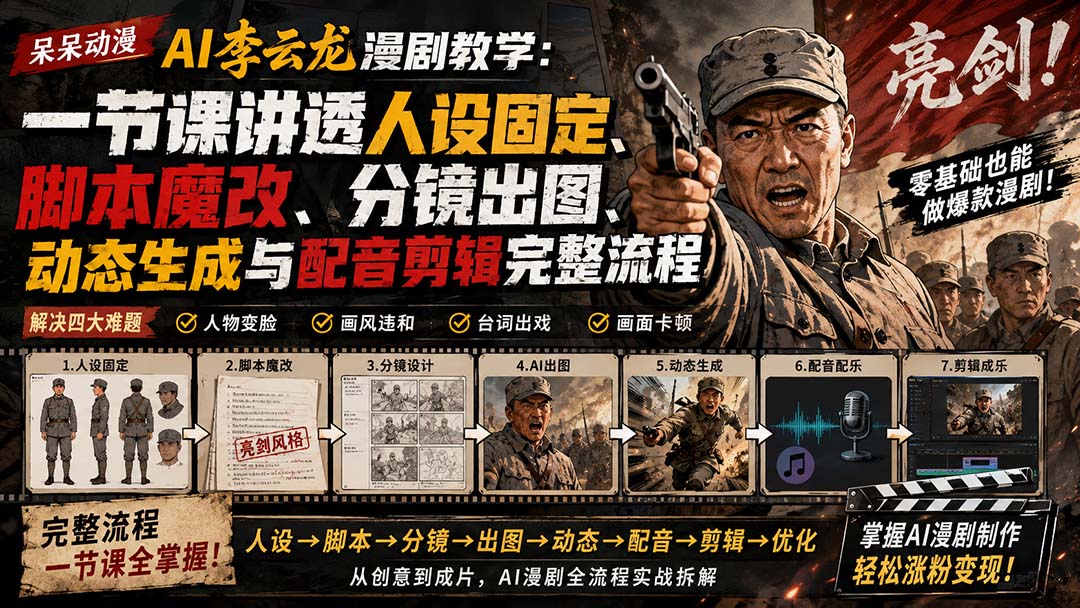 (20107期)呆呆动漫AI李云龙漫剧教学:一节课讲透人设固定、脚本魔改、分镜出图、动态生成与配音剪辑完整流程-知创网