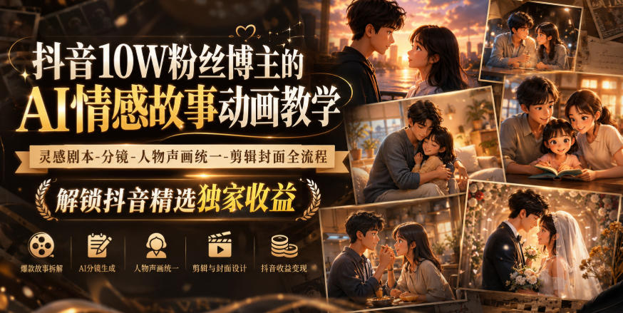 抖音10W粉丝博主的AI情感故事动画教学，灵感剧本‑分镜‑人物声画统一‑剪辑封面全流程，解锁抖音精选独家收益-知创网