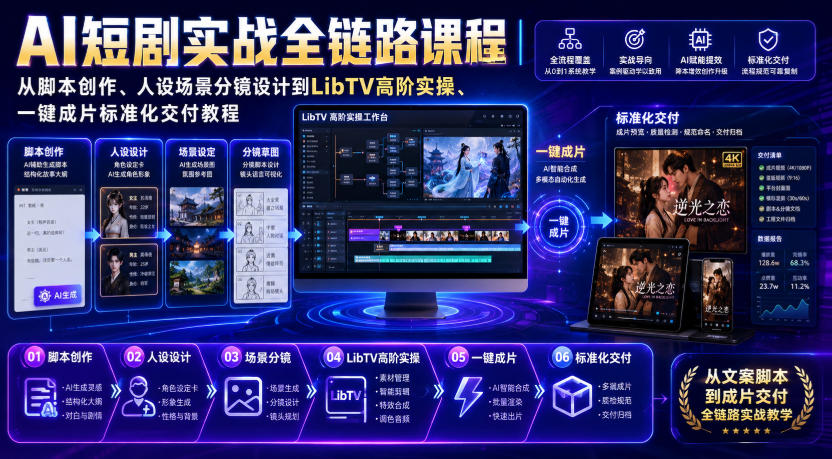 AI短剧实战全链路课程｜从脚本创作、人设场景分镜设计到LibTV高阶实操、一键成片标准化交付教程-知创网