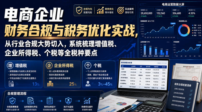 电商企业财务合规与税务优化实战，从行业合规大势切入，系统梳理增值税、企业所得税、个税等全税种要点-知创网