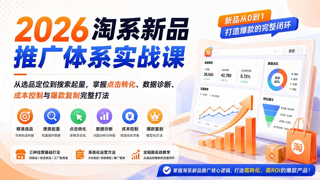 （19908期）2026淘系新品推广体系实战课：从选品定位到搜索起量，掌握点击转化、数据诊断、成本控制与爆款复制完整打法-知创网