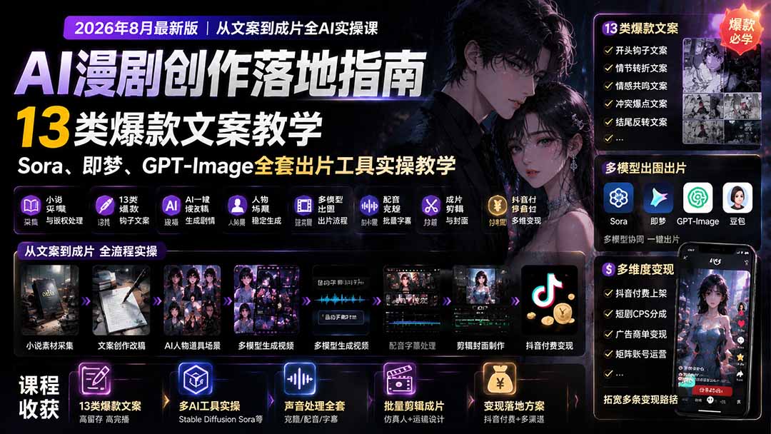 （19691期）AI漫剧创作落地指南｜13类爆款文案教学，Sora、即梦、GPT-Image全套出片工具实操教学-知创网
