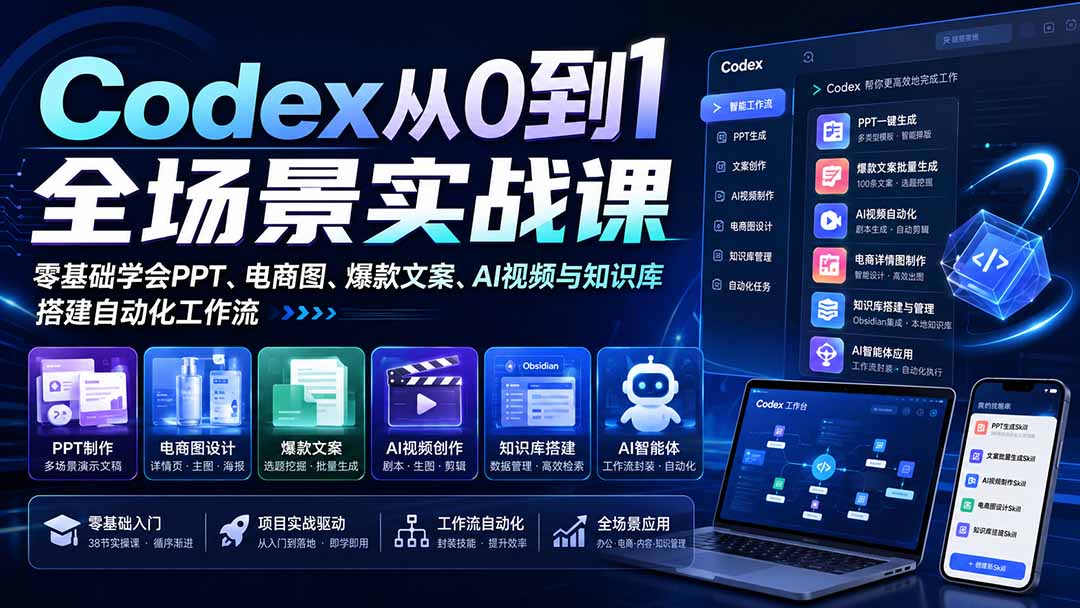 （20041期）Codex从0到1全场景实战课：零基础学会PPT、电商图、爆款文案、AI视频与知识库，搭建自动化工作流-知创网