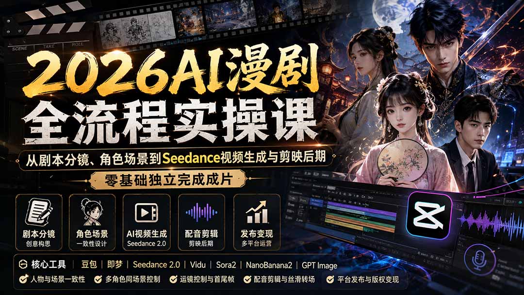（20042期）2026AI漫剧全流程实操课：从剧本分镜、角色场景到Seedance视频生成与剪映后期，零基础独立完成成片-知创网
