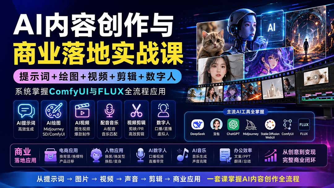 （19913期）AI内容创作与商业落地实战课：提示词+绘图+视频+剪辑+数字人，系统掌握ComfyUI与FLUX全流程应用-知创网