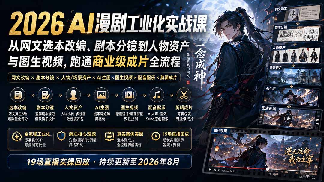 （20068期）2026 AI漫剧工业化实战课-更新：从网文选本改编、剧本分镜到人物资产与图生视频，跑通商业级成片全流程-知创网