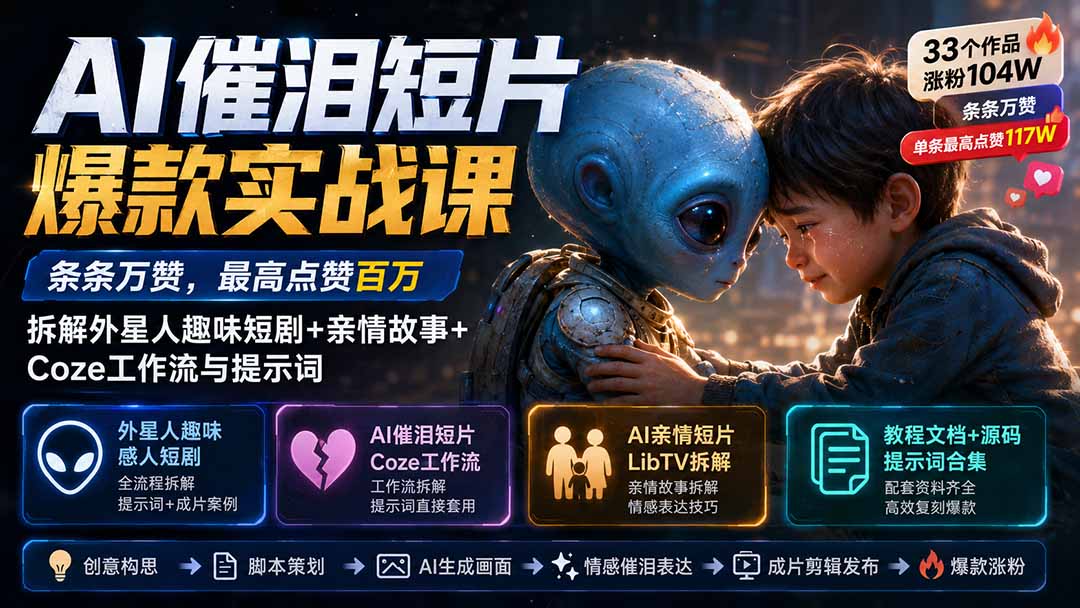 (20038期)AI催泪短片爆款实战课:条条万赞,最高点赞百万,拆解外星人趣味短剧+亲情故事+Coze工作流与提示词-知创网