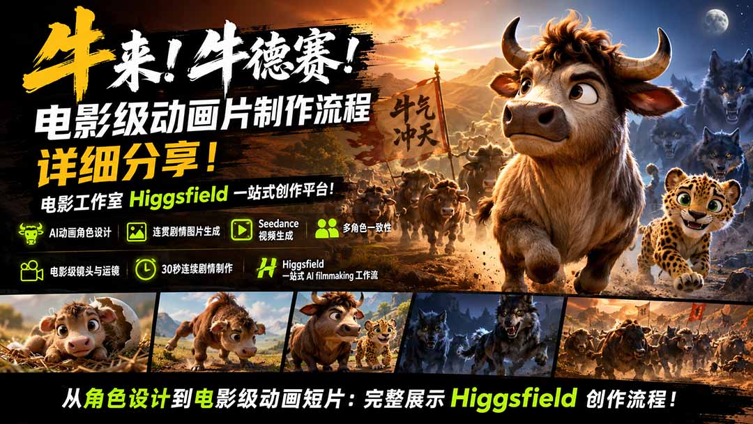 （19987期）牛来！牛德赛！电影级动画片制作流程详细分享！电影工作室Higgsfield一站式创作平台！-知创网