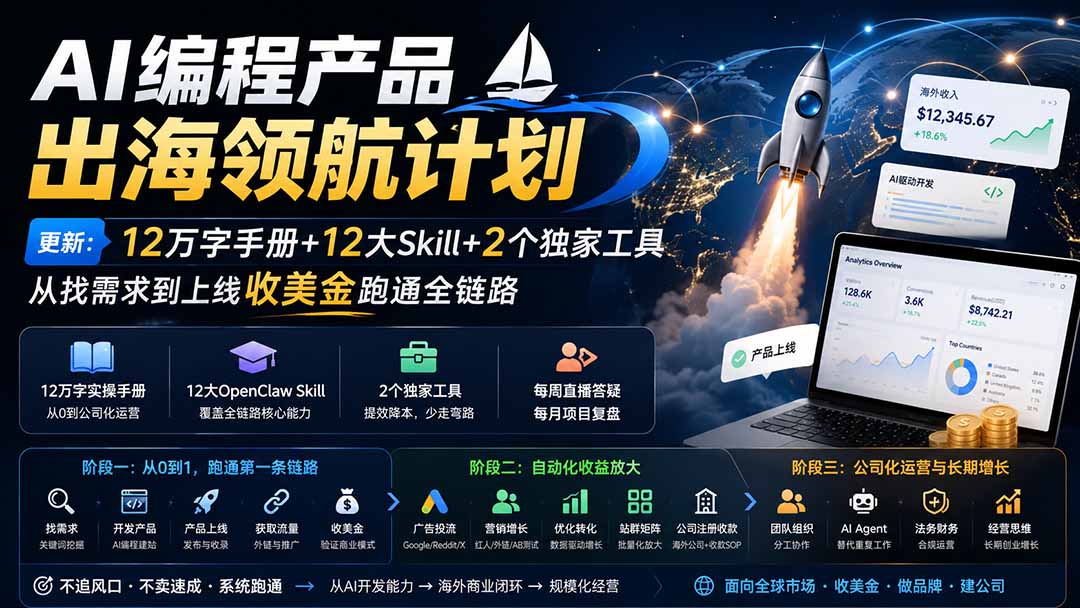 （20015期）AI编程产品出海领航计划-更新：12万字手册+12大Skill+2个独家工具，从找需求到上线收美金跑通全链路-知创网